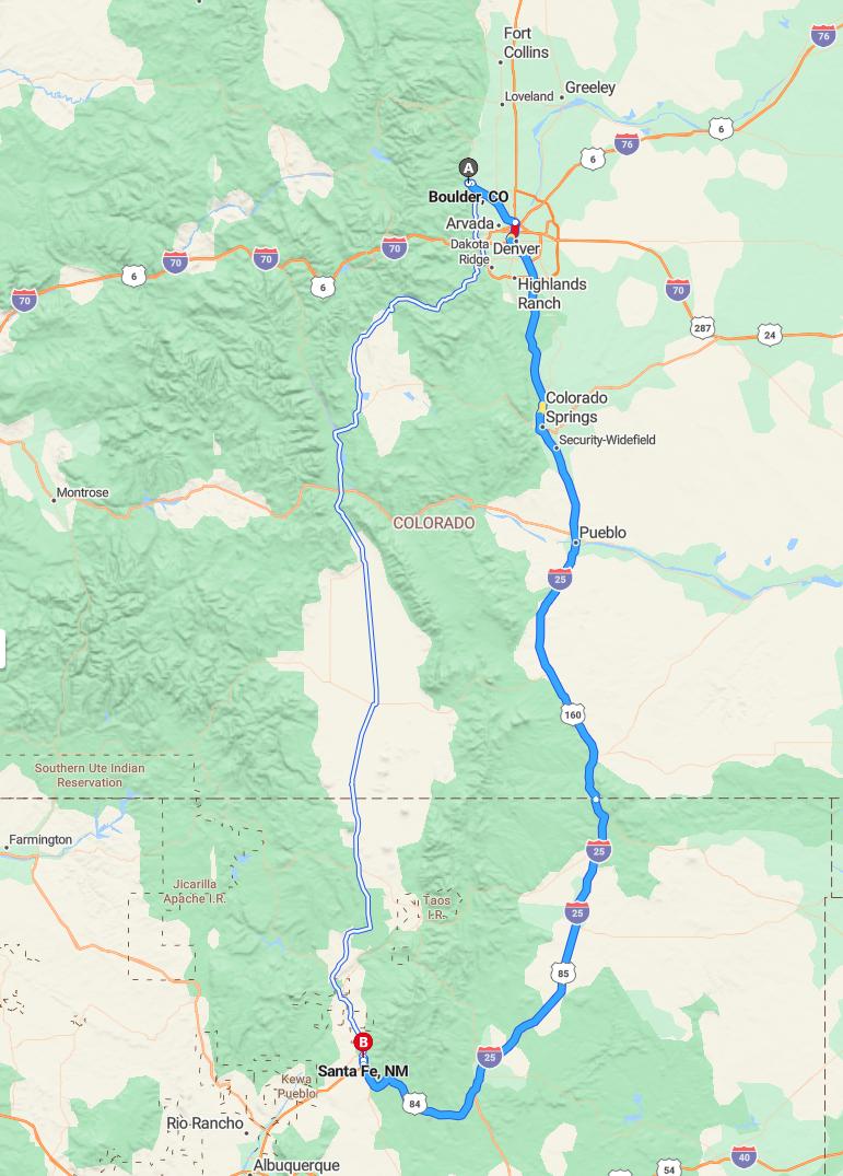 driving from Boulder, Colorado to Santa FeNew Mexico - map and route