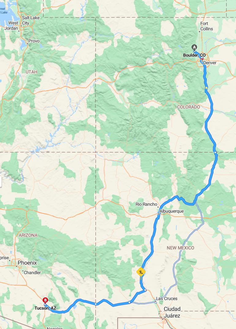 driving from Boulder, Colorado to TucsonArizona - map and route