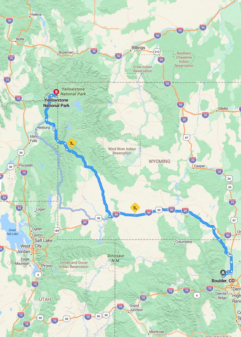 driving from Boulder, Colorado to YellowstoneWyoming - map and route