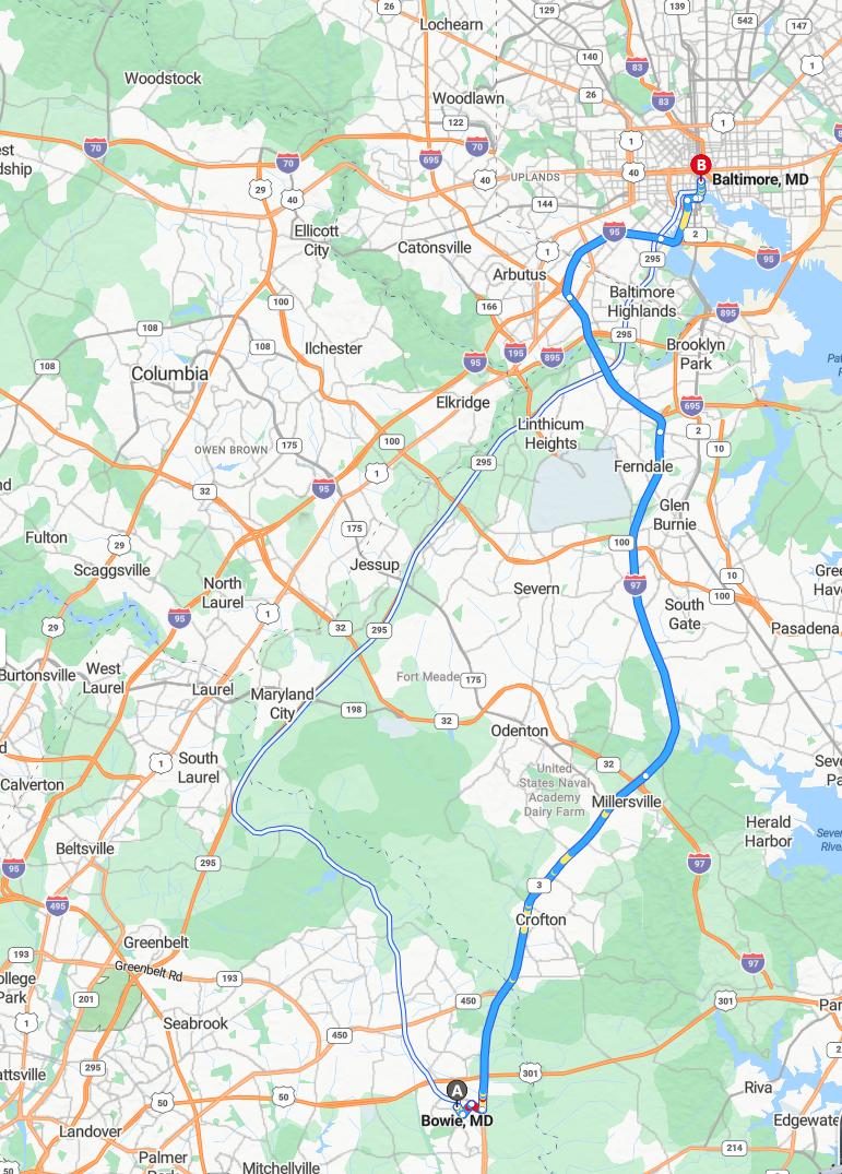 driving from Bowie, Maryland to BaltimoreMaryland - map and route