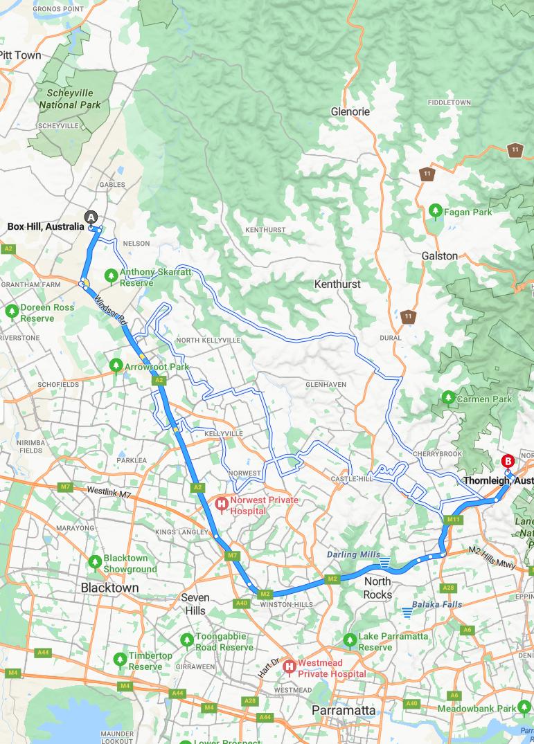 driving from Box Hill, New South Wales to ThornleighNew South Wales - map and route