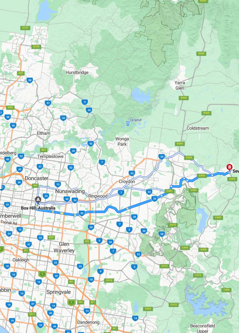 driving from Box Hill, Victoria to SevilleVictoria - map and route