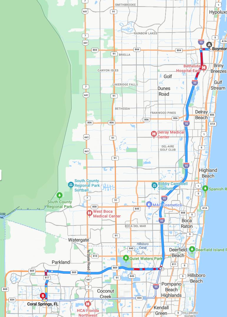 driving from Boynton Beach, Florida to Coral SpringsFlorida - map and route