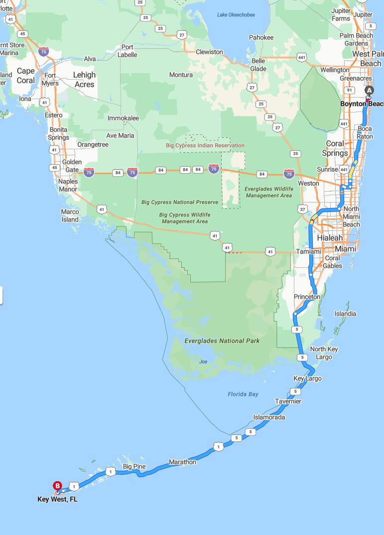 driving from Boynton Beach, Florida to Key WestFlorida - map and route