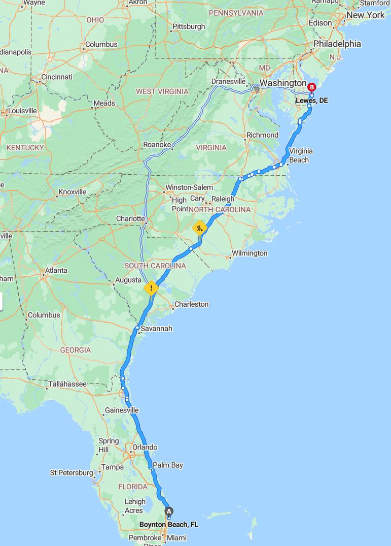 driving from Boynton Beach, Florida to LewesDelaware - map and route