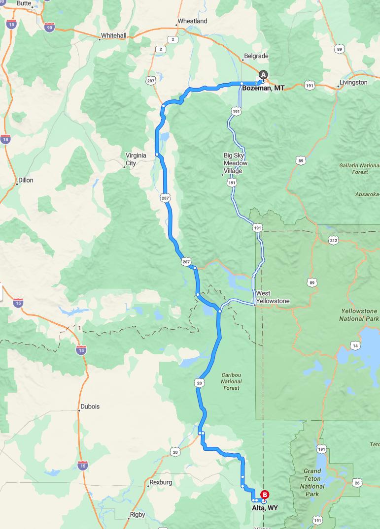 driving from Bozeman, Montana to AltaWyoming - map and route