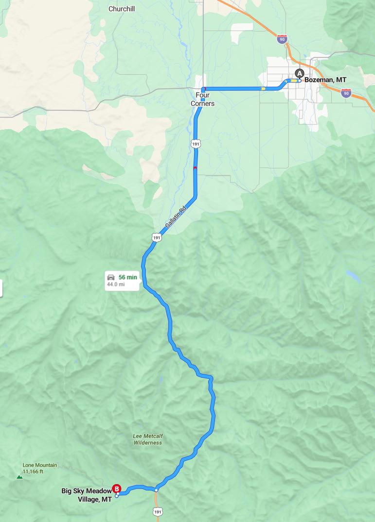 driving from Bozeman, Montana to Big SkyMontana - map and route