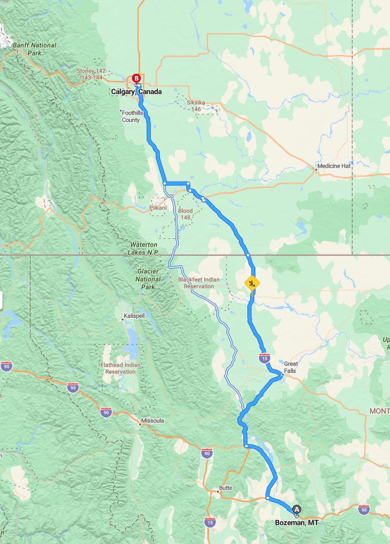 driving from Bozeman, Montana to CalgaryAlberta - map and route