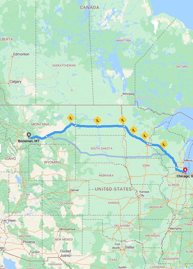 driving from Bozeman, Montana to ChicagoIllinois - map and route
