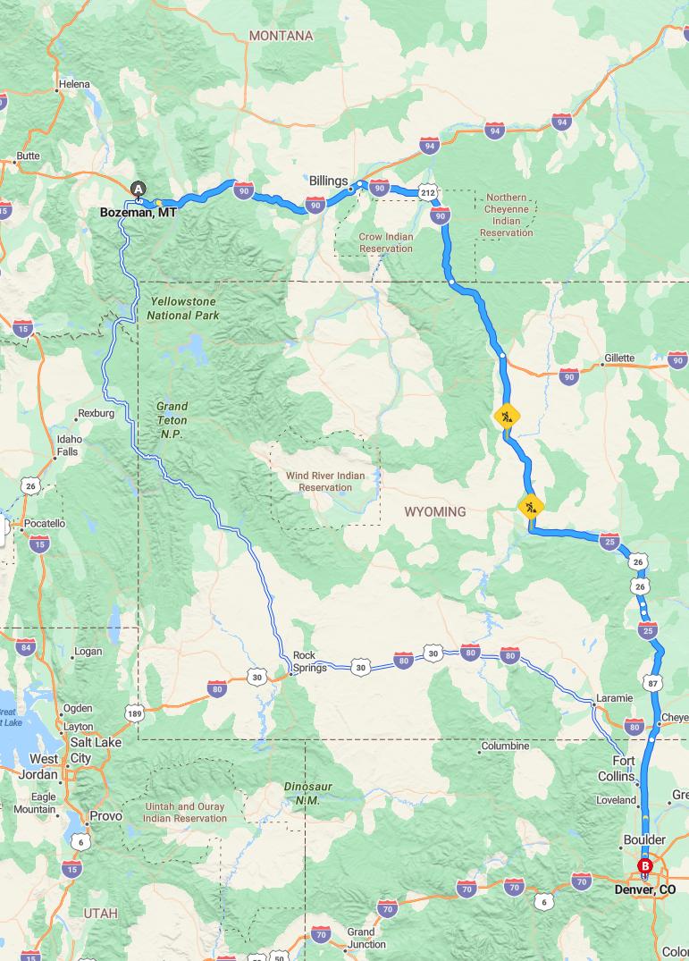 driving from Bozeman, Montana to DenverColorado - map and route