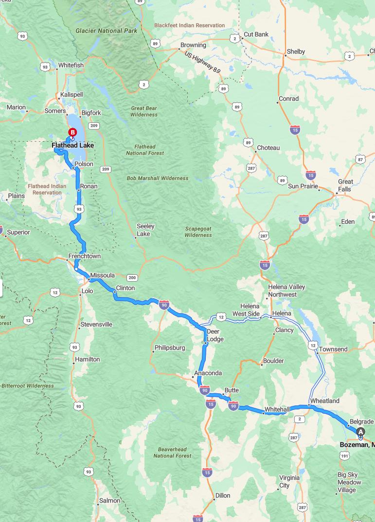 driving from Bozeman, Montana to Flathead LakeMontana - map and route