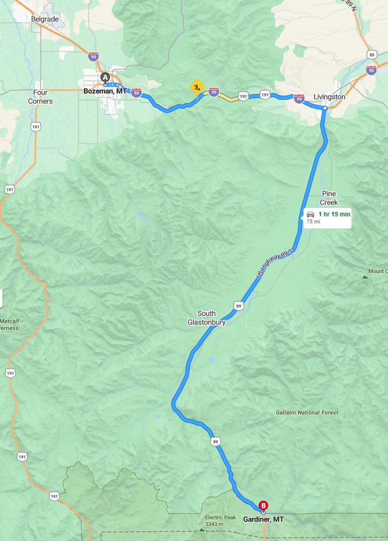 driving from Bozeman, Montana to GardinerMontana - map and route