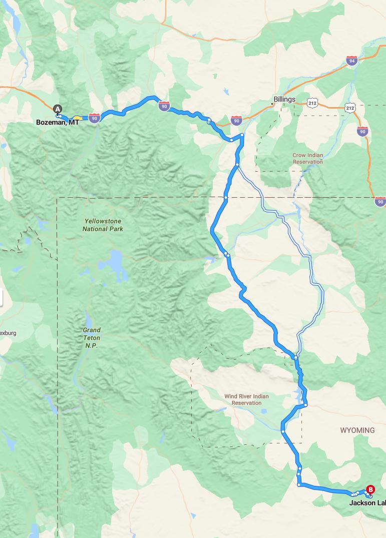 driving from Bozeman, Montana to Jackson LakeWyoming - map and route