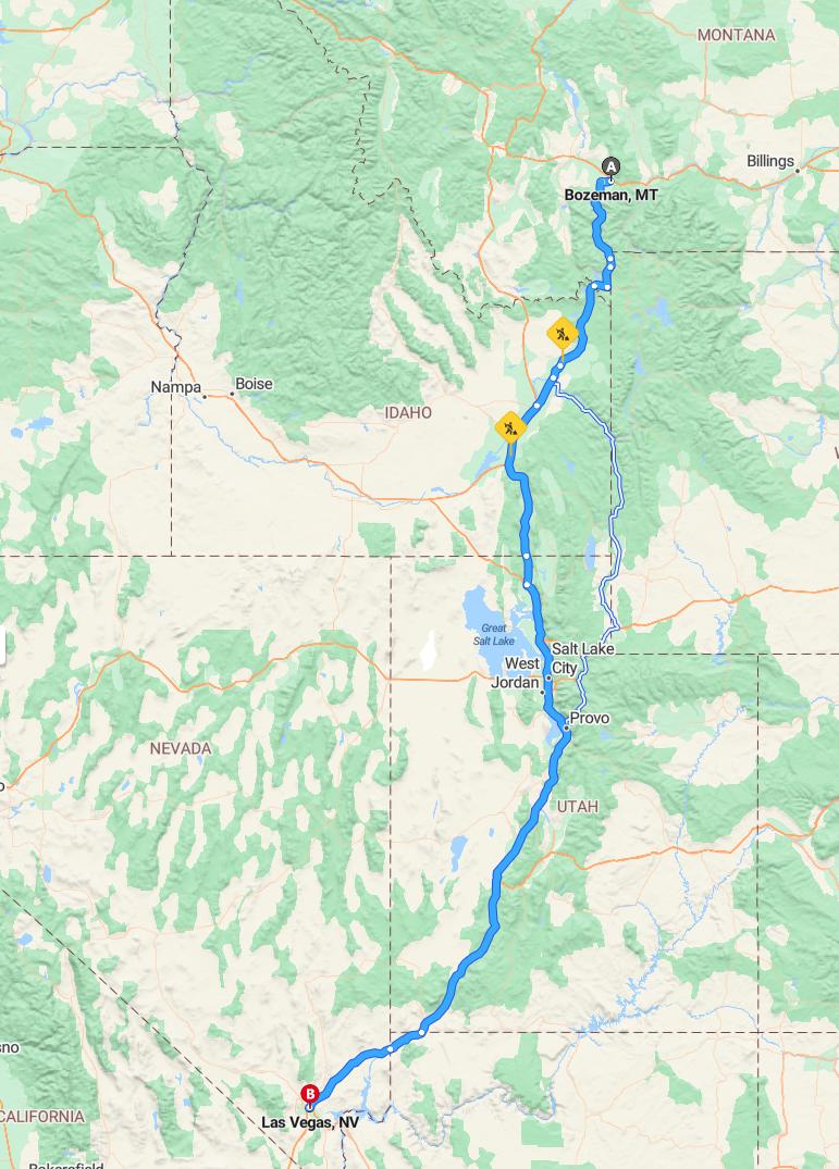 driving from Bozeman, Montana to Las VegasNevada - map and route