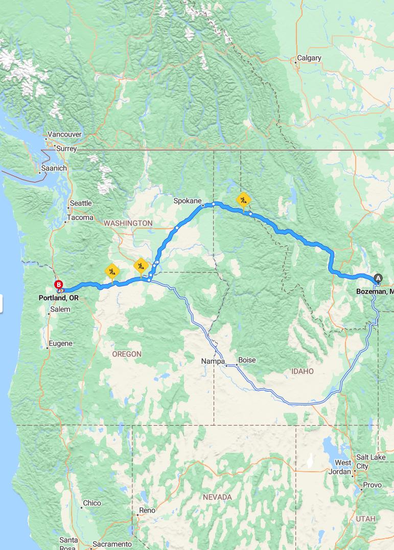 driving from Bozeman, Montana to PortlandOregon - map and route