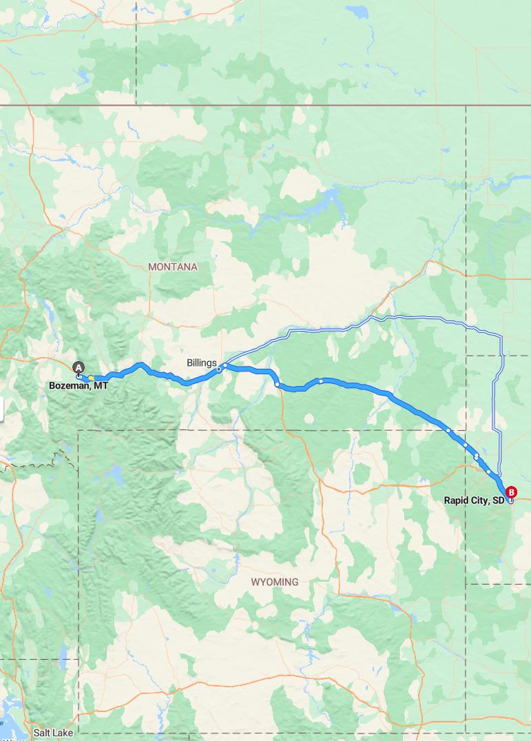 driving from Bozeman, Montana to Rapid CitySouth Dakota - map and route