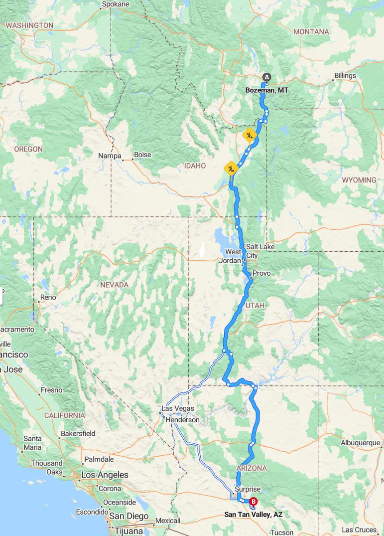 driving from Bozeman, Montana to San Tan ValleyArizona - map and route