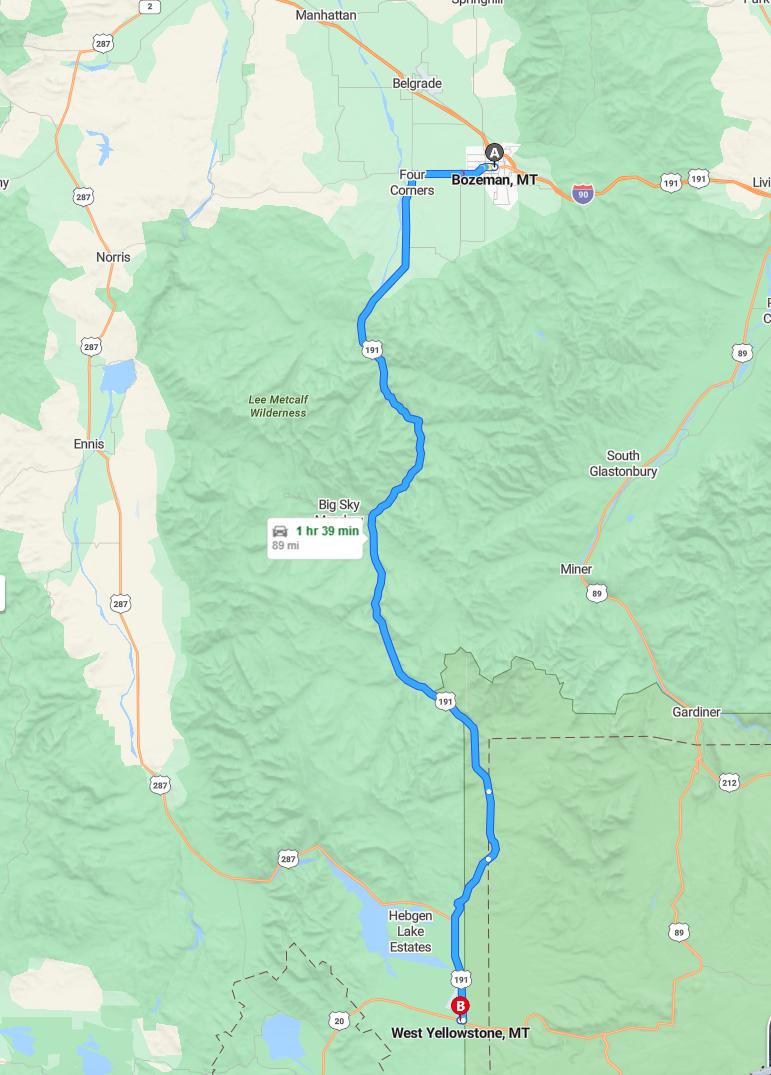 driving from Bozeman, Montana to West YellowstoneMontana - map and route