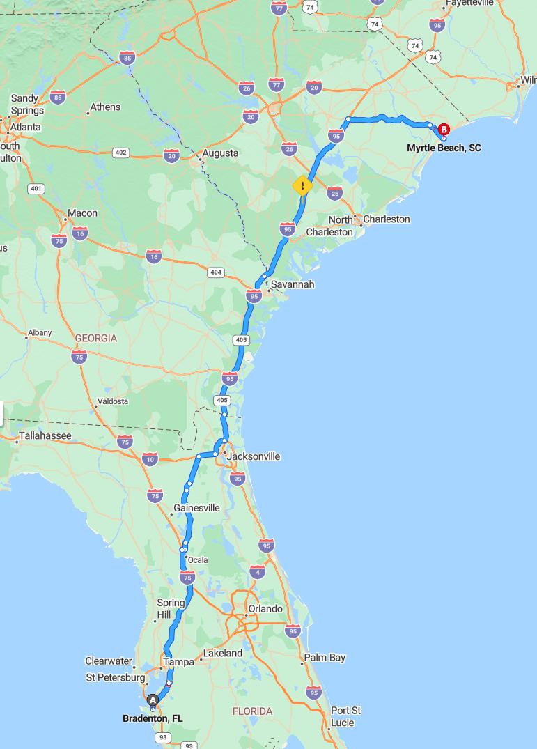 driving from Bradenton, Florida to Myrtle BeachSouth Carolina - map and route