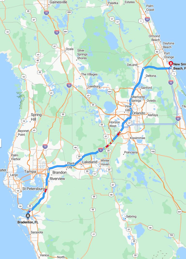 driving from Bradenton, Florida to New Smyrna BeachFlorida - map and route