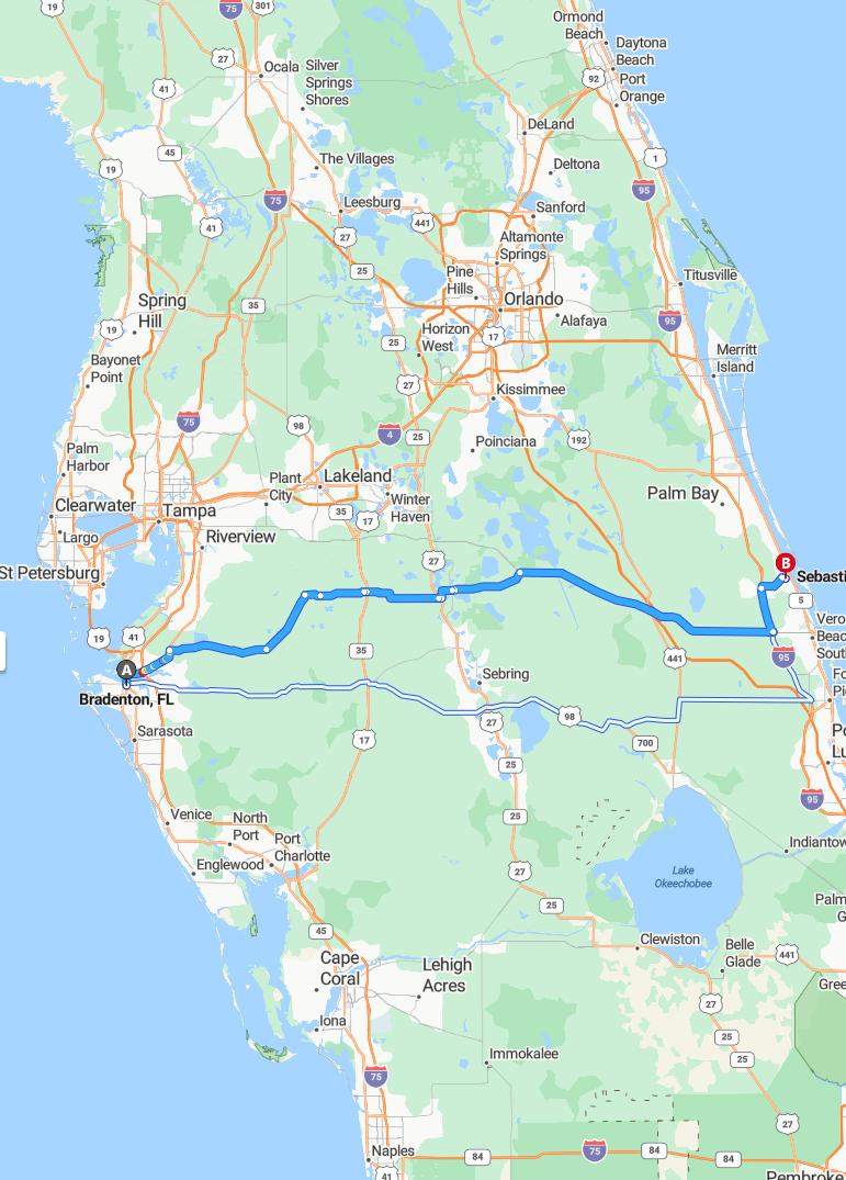 driving from Bradenton, Florida to SebastianFlorida - map and route