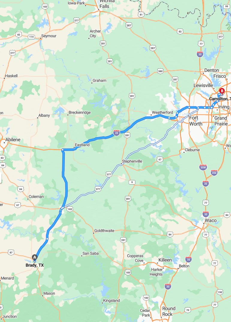 driving from Brady, Texas to CarrolltonTexas - map and route