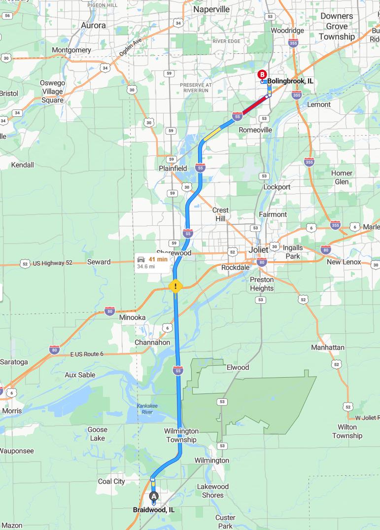driving from Braidwood, Illinois to BolingbrookIllinois - map and route