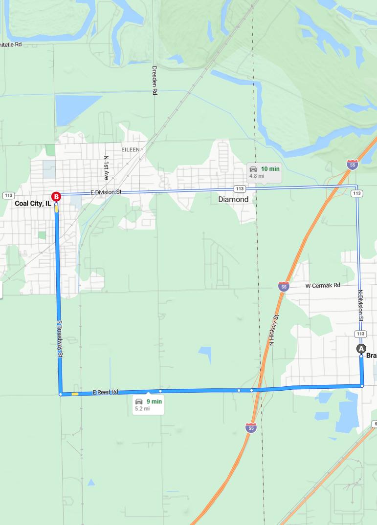 driving from Braidwood, Illinois to Coal CityIllinois - map and route