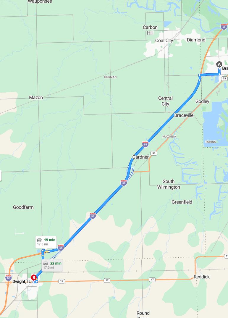 driving from Braidwood, Illinois to DwightIllinois - map and route