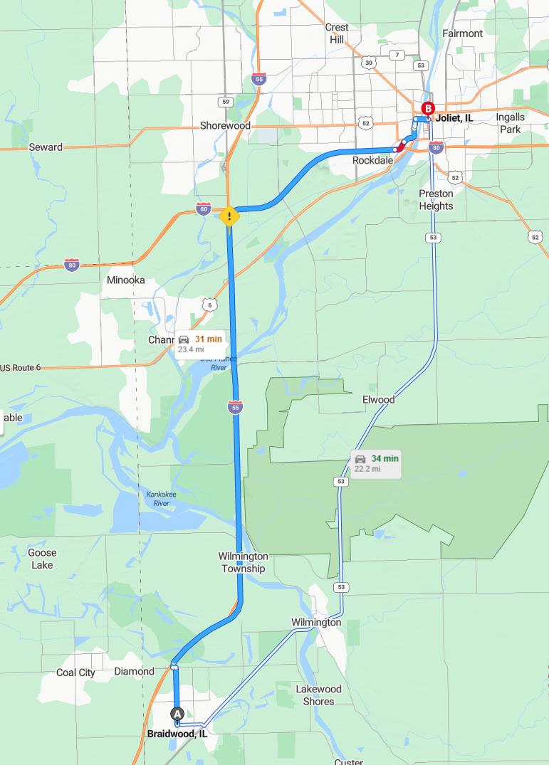 driving from Braidwood, Illinois to JolietIllinois - map and route