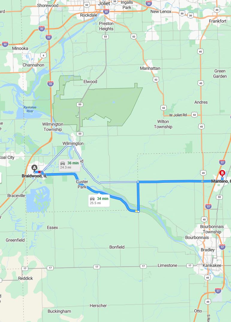 driving from Braidwood, Illinois to MantenoIllinois - map and route