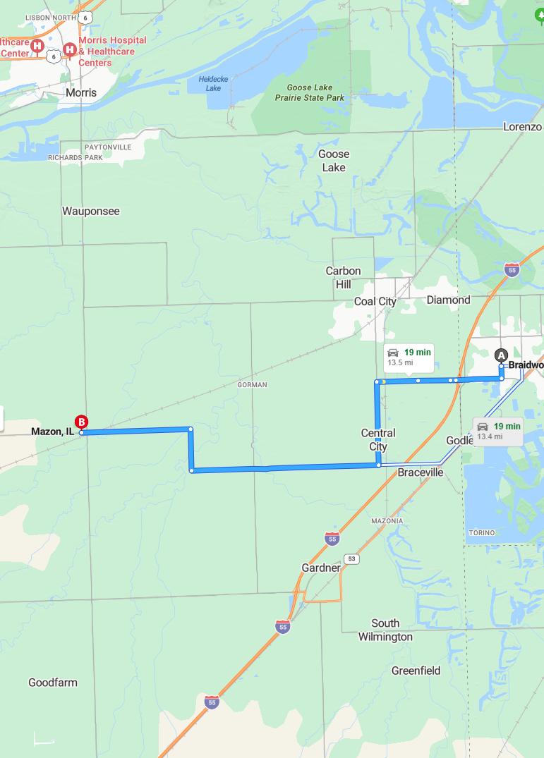 driving from Braidwood, Illinois to MazonIllinois - map and route