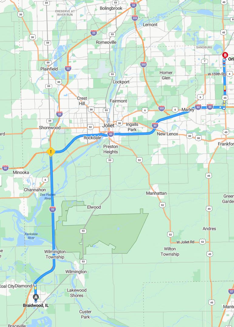 driving from Braidwood, Illinois to Orland ParkIllinois - map and route