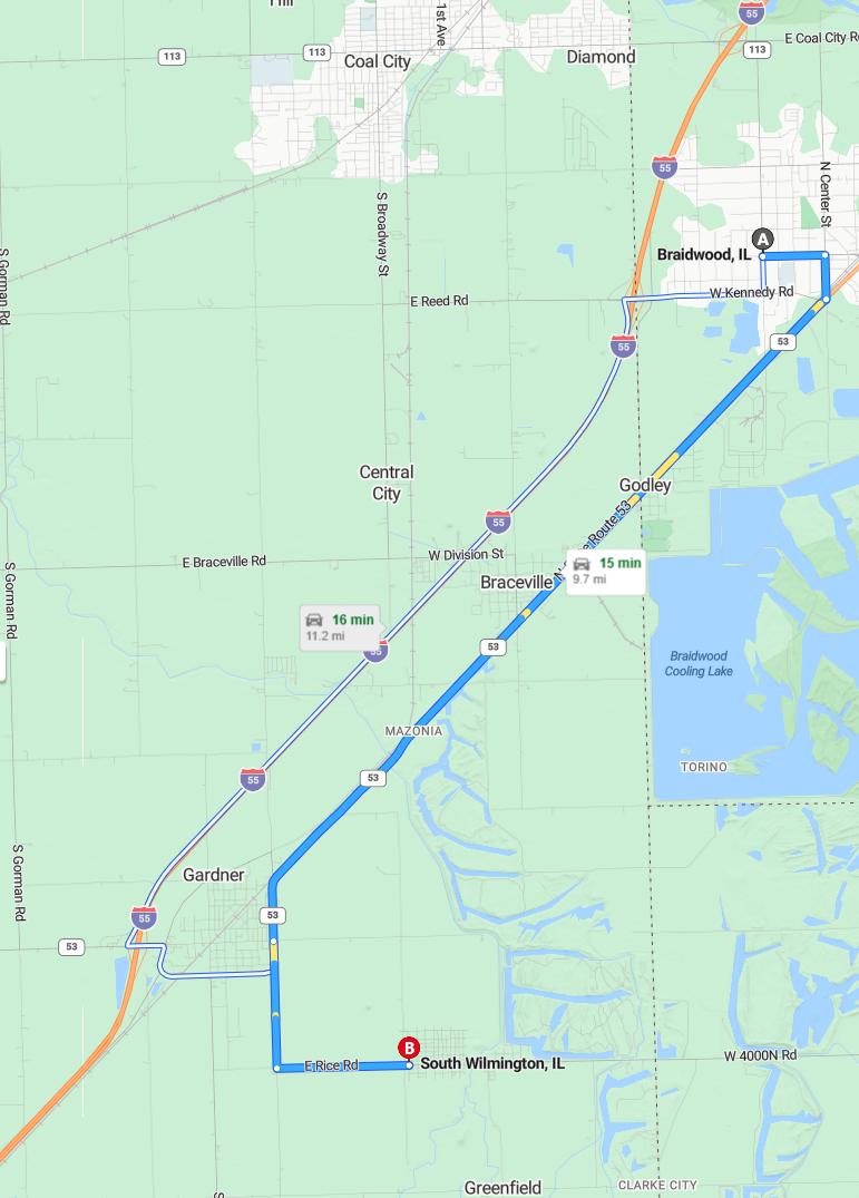driving from Braidwood, Illinois to South WilmingtonIllinois - map and route