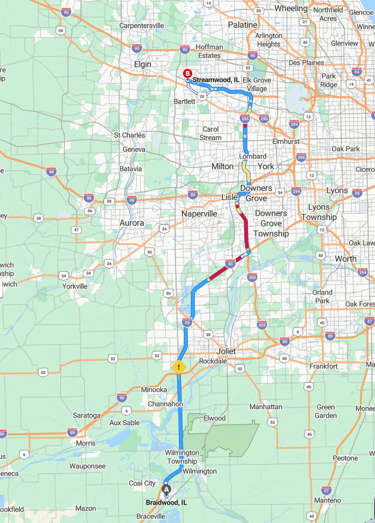 driving from Braidwood, Illinois to StreamwoodIllinois - map and route
