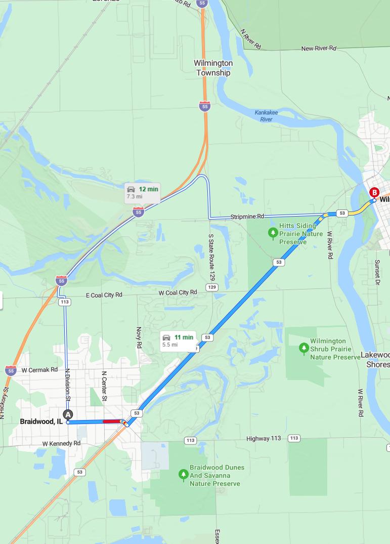 driving from Braidwood, Illinois to WilmingtonIllinois - map and route