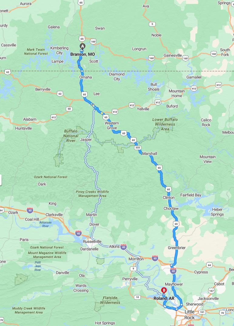 driving from Branson, Missouri to RolandArkansas - map and route
