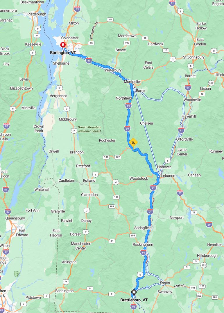 driving from Brattleboro, Vermont to BurlingtonVermont - map and route