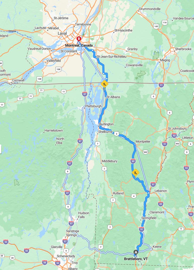 driving from Brattleboro, Vermont to MontrealQuebec - map and route