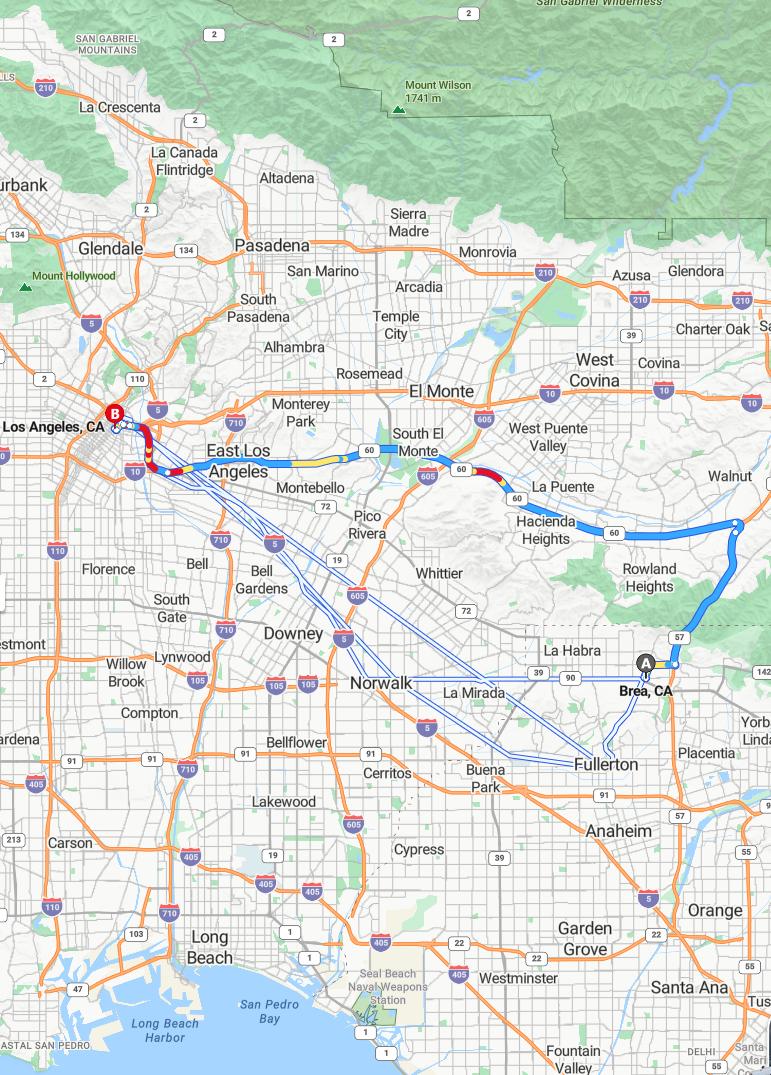 driving from Brea, California to Los AngelesCalifornia - map and route