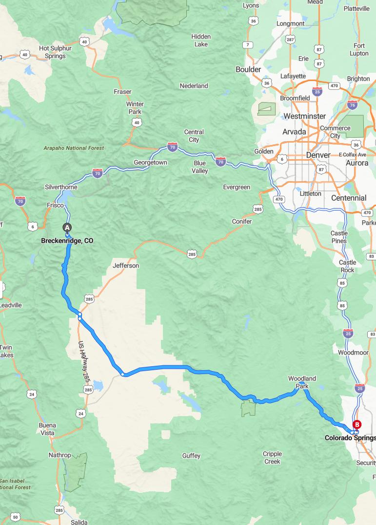 driving from Breckenridge, Colorado to Colorado SpringsColorado - map and route