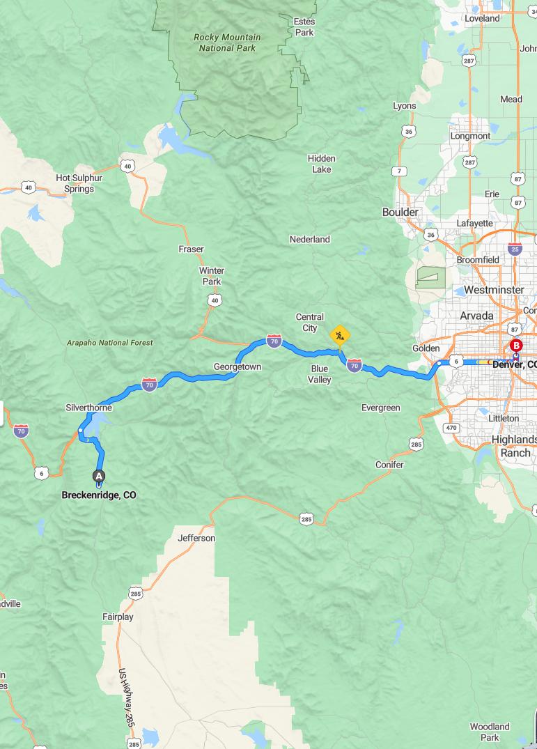 driving from Breckenridge, Colorado to DenverColorado - map and route