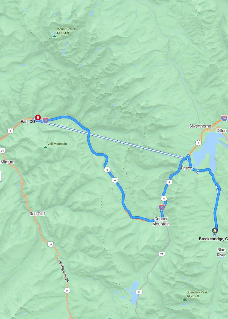 driving from Breckenridge, Colorado to VailColorado - map and route