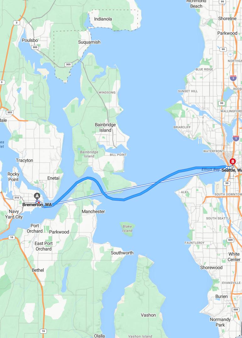 driving from Bremerton, Washington to SeattleWashington - map and route