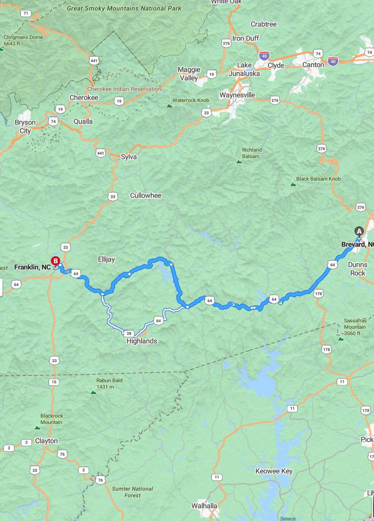 driving from Brevard, North Carolina to FranklinNorth Carolina - map and route
