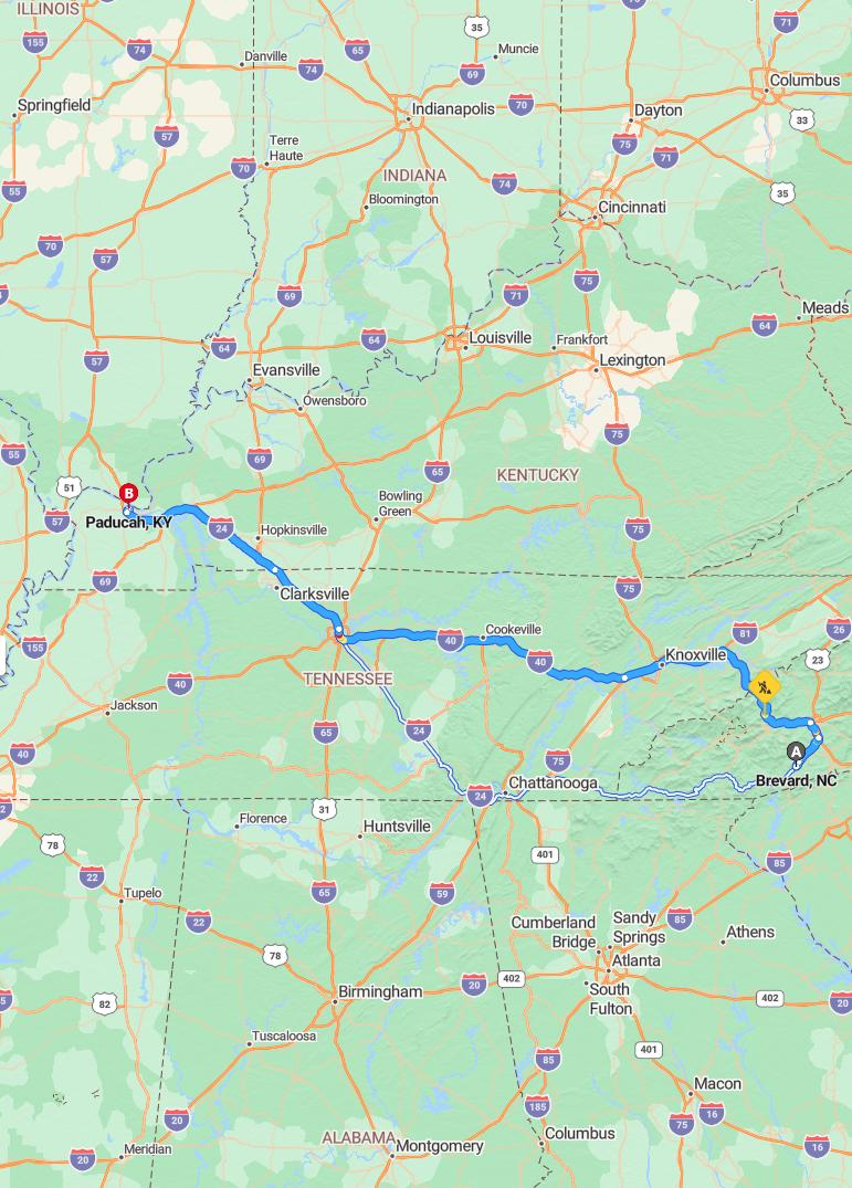 driving from Brevard, North Carolina to PaducahKentucky - map and route