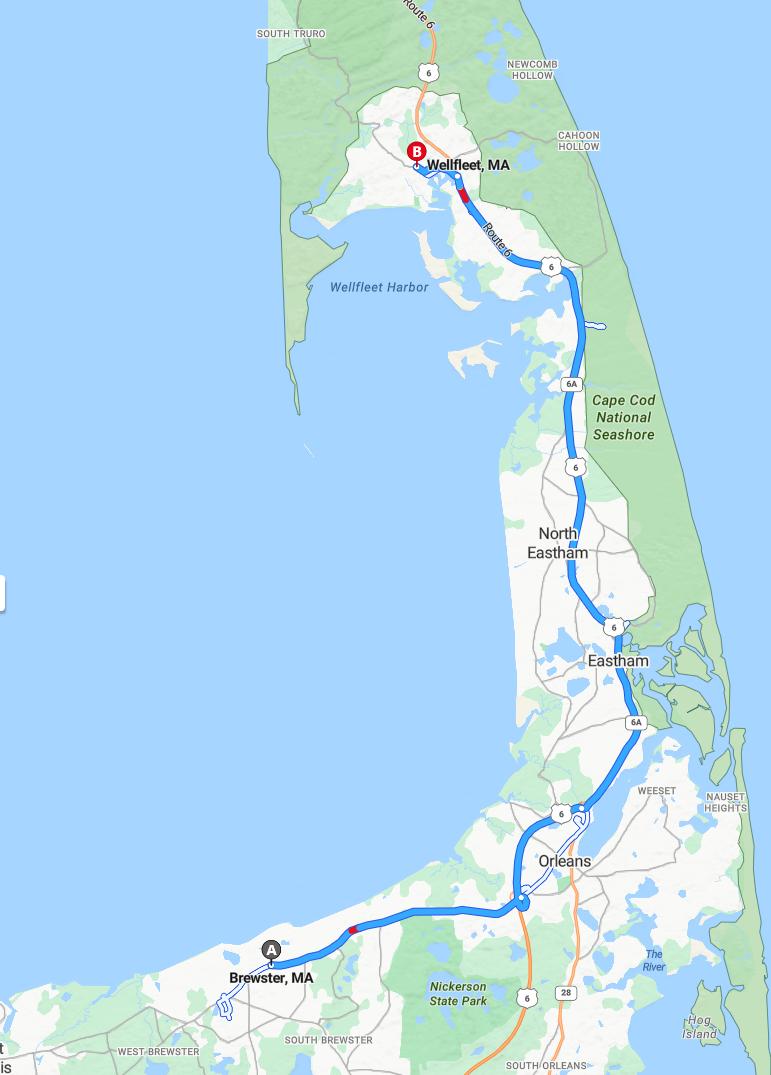 driving from Brewster, Massachusetts to WellfleetMassachusetts - map and route
