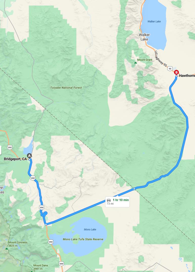 driving from Bridgeport, California to HawthorneNevada - map and route