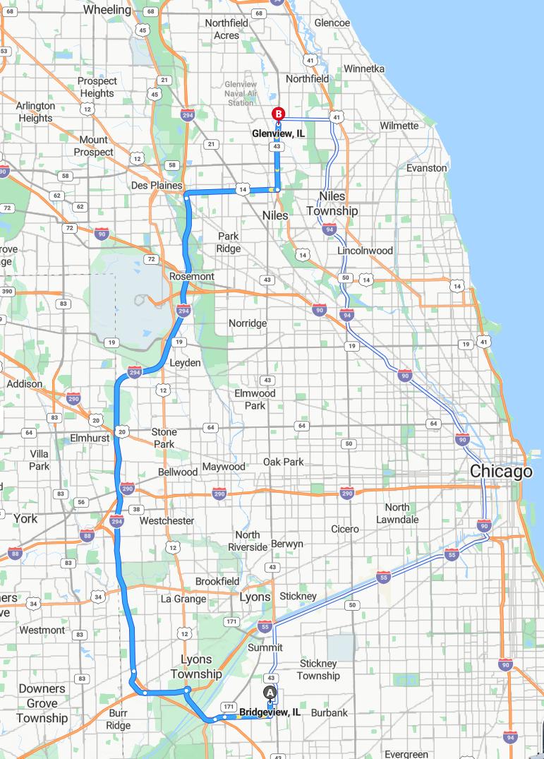 driving from Bridgeview, Illinois to GlenviewIllinois - map and route