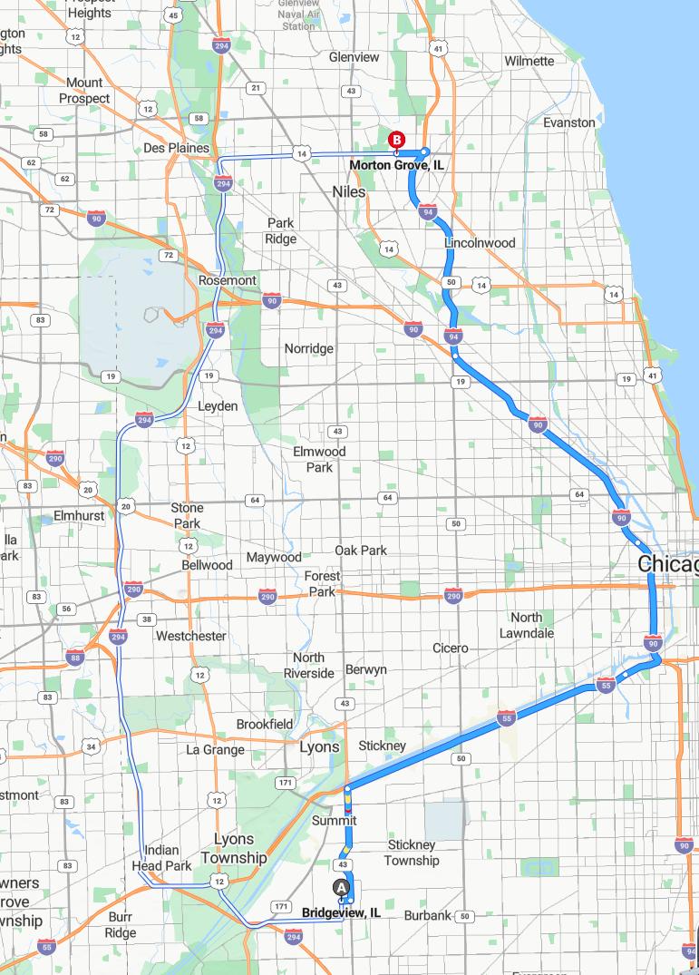 driving from Bridgeview, Illinois to Morton GroveIllinois - map and route